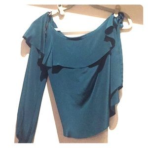 Amanda Uprichard teal silk off shoulder blouse
